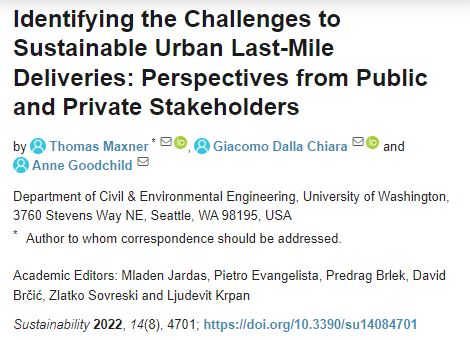 New Publication: Identifying the Challenges to Sustainable Urban Last-Mile Deliveries (Public and Private Perspectives)