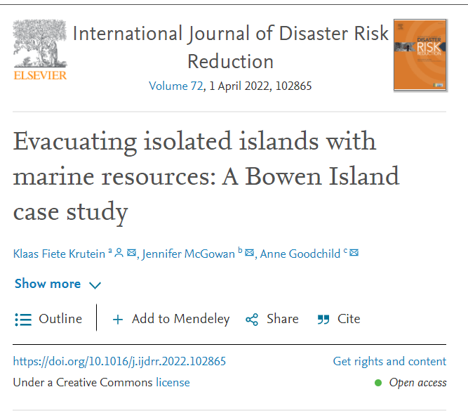 New Publication: Evacuating Isolated Islands with Marine Resources: A Bowen Island Case Study
