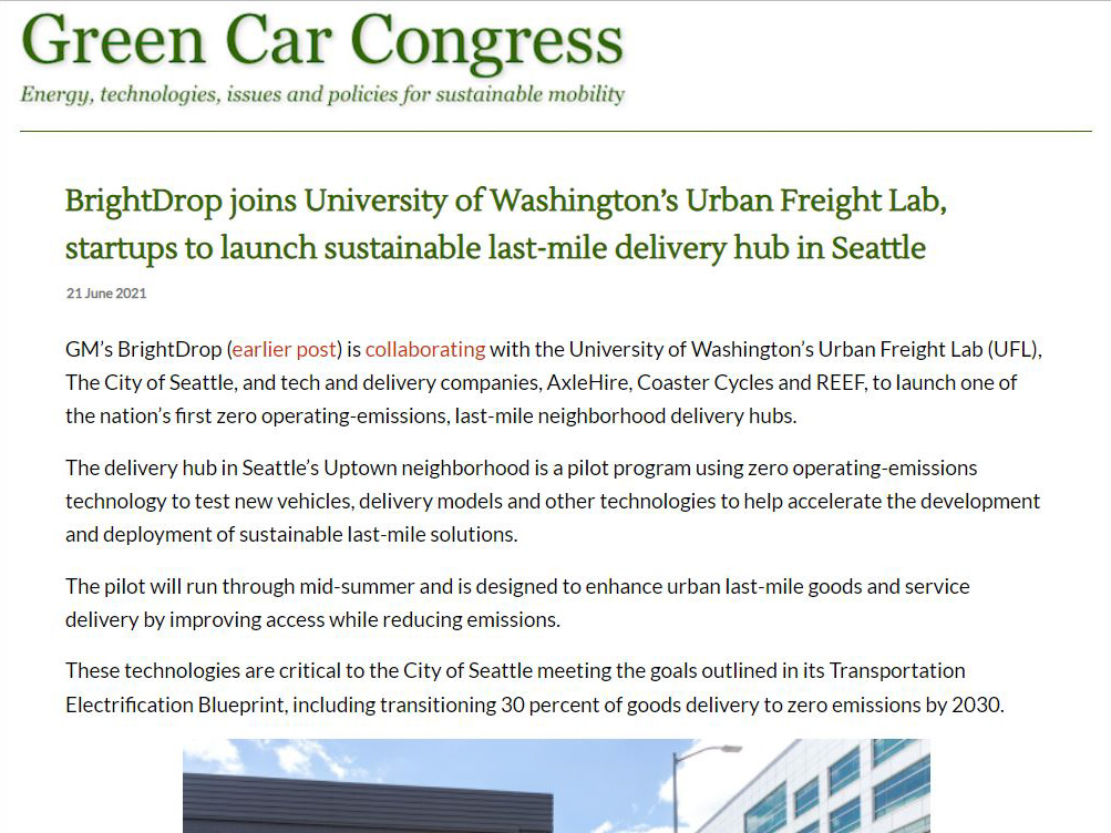 BrightDrop Joins Urban Freight Lab, Startups to Launch Sustainable Last-mile Delivery Hub in Seattle