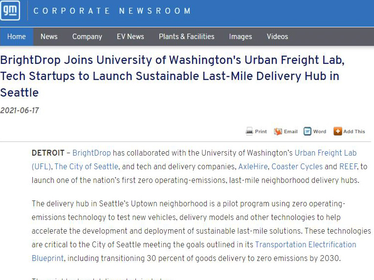 BrightDrop Joins University of Washington’s Urban Freight Lab, Tech Startups to Launch Sustainable Last-Mile Delivery Hub in Seattle
