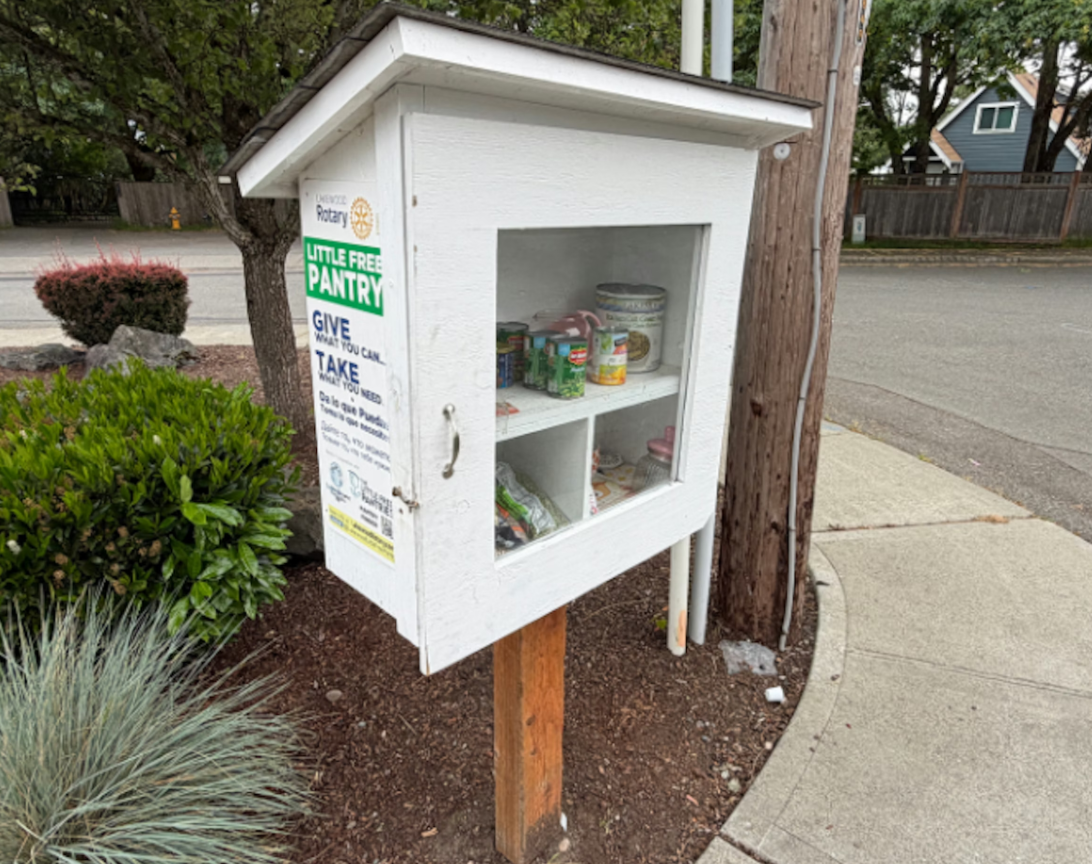 A Little Free Pantry located in Lakewood's Tillicum neighborhood. It is managed by the local Rotary Club. Photo by Dyer Oxley / KUOW.